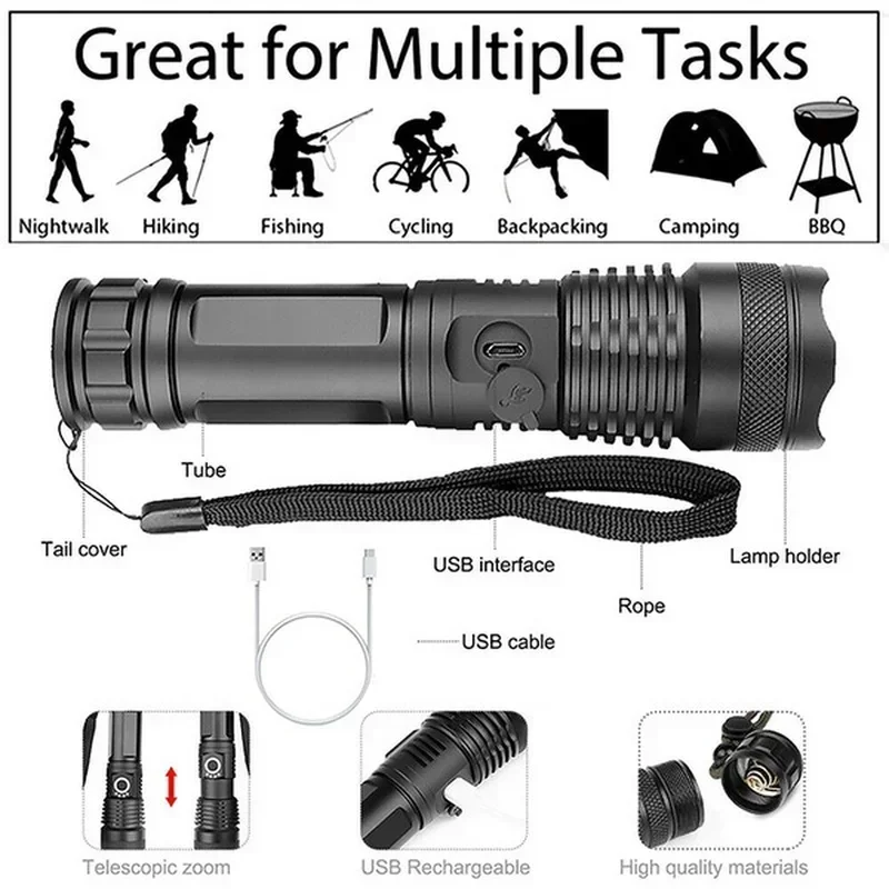 고출력 XHP70 LED 손전등 USB-C 충전식 토치 - Outdoor Lighting Lumen 리뷰 및 가격